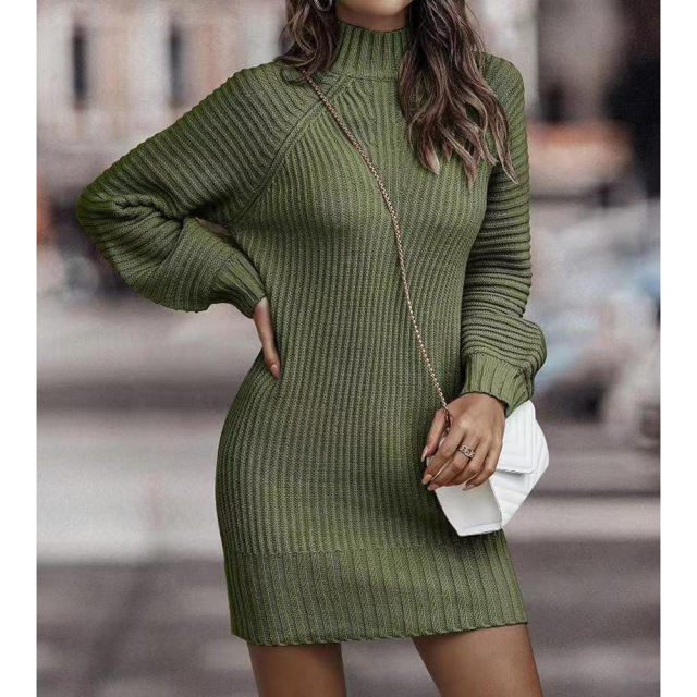 Army Green Turtleneck Knit Sweater Dress