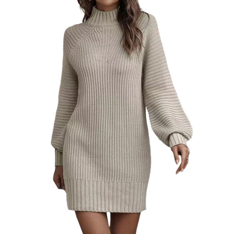 Apricot Turtleneck Knit Sweater Dress