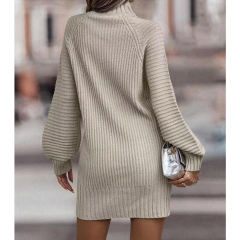 Apricot Turtleneck Knit Sweater Dress