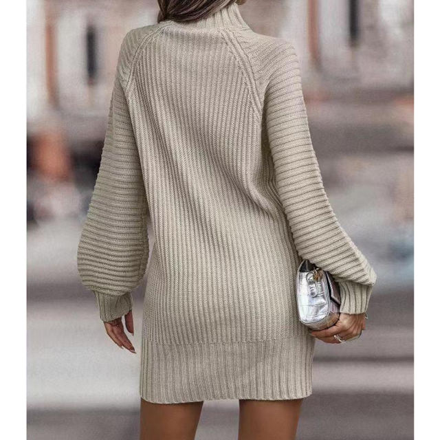 Apricot Turtleneck Knit Sweater Dress