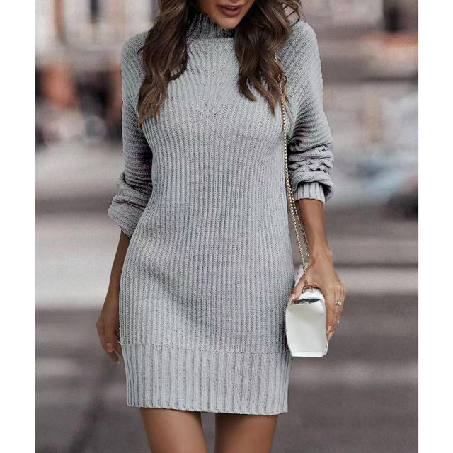 Grey Turtleneck Knit Sweater Dress