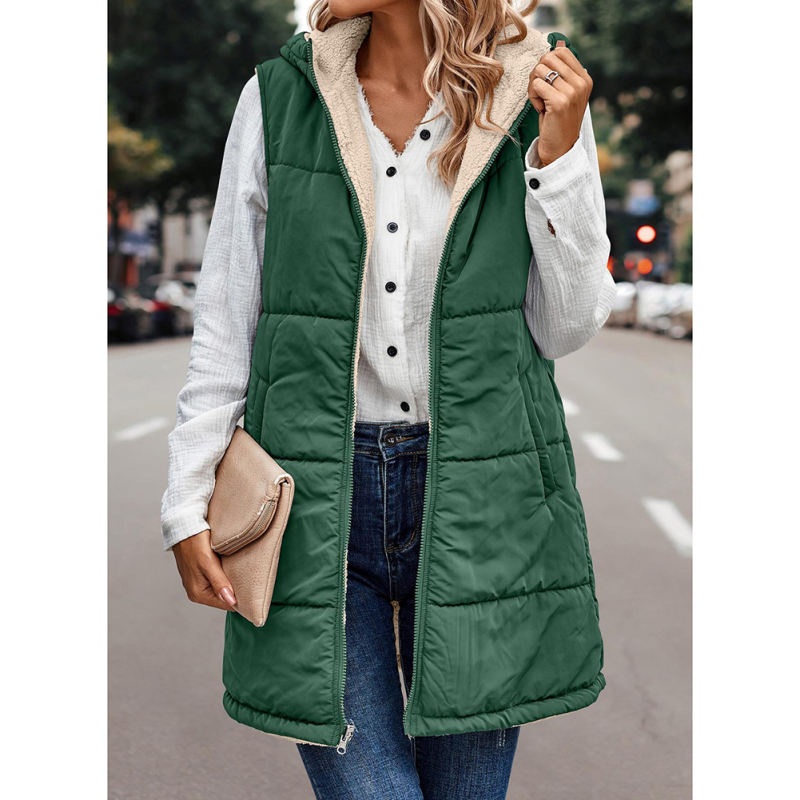 Green Full-zip Double-sided Hooded Vest Coat