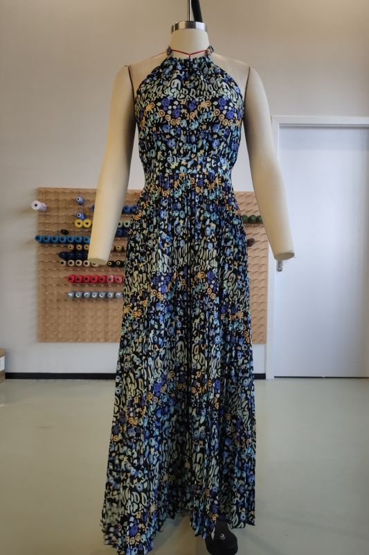 Blue Printed Sleeveless Chiffon Maxi Dress