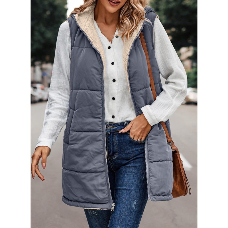 Bluish Grey Full-zip Double-sided Hooded Vest Coat