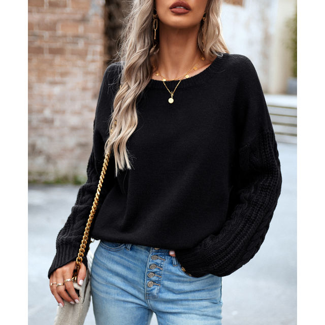 Black Round Neck Drop Shoulder Knit Sweater