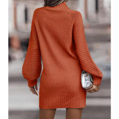 Orange Turtleneck Knit Sweater Dress