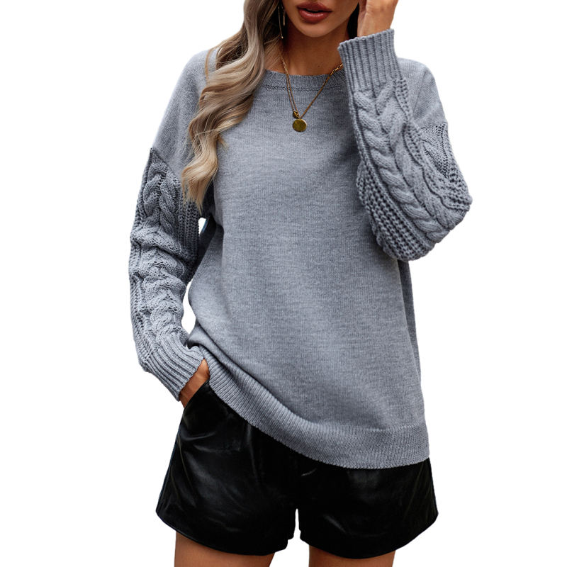 Grey Round Neck Drop Shoulder Knit Sweater