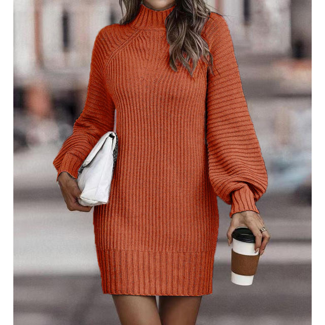 Orange Turtleneck Knit Sweater Dress