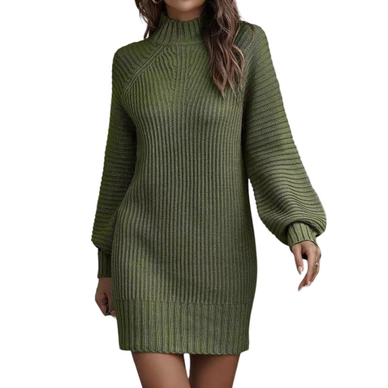 Army Green Turtleneck Knit Sweater Dress