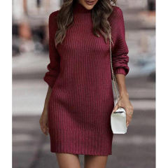 Wine Red Turtleneck Knit Sweater Dress