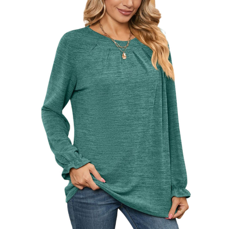 Green Pleated Round Neck Long Sleeve Tops