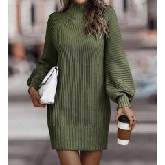 Army Green Turtleneck Knit Sweater Dress