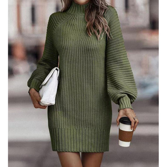 Army Green Turtleneck Knit Sweater Dress