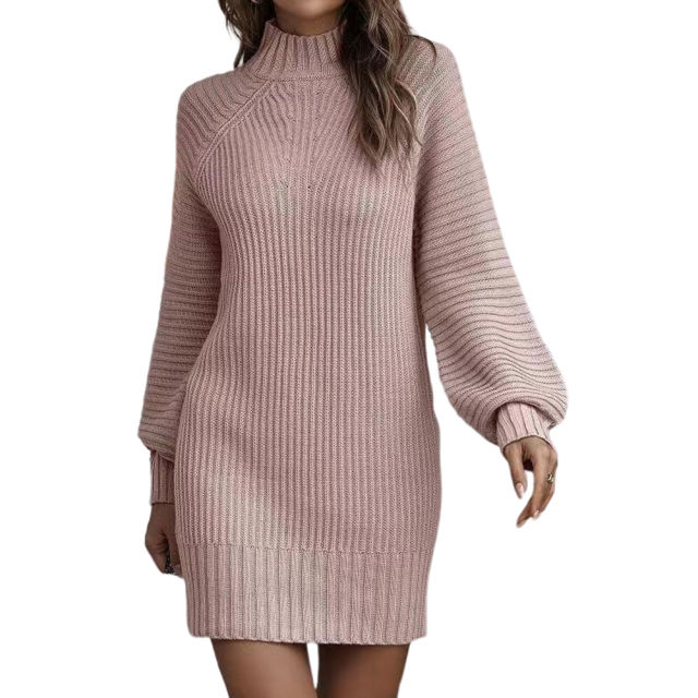 Pink Turtleneck Knit Sweater Dress