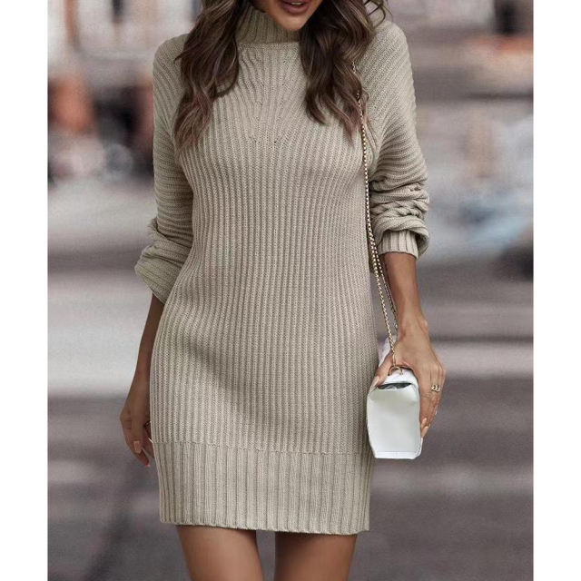 Apricot Turtleneck Knit Sweater Dress