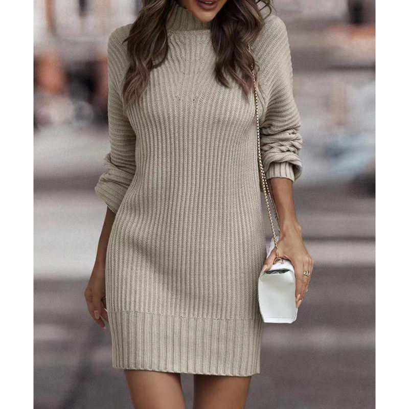Apricot Turtleneck Knit Sweater Dress