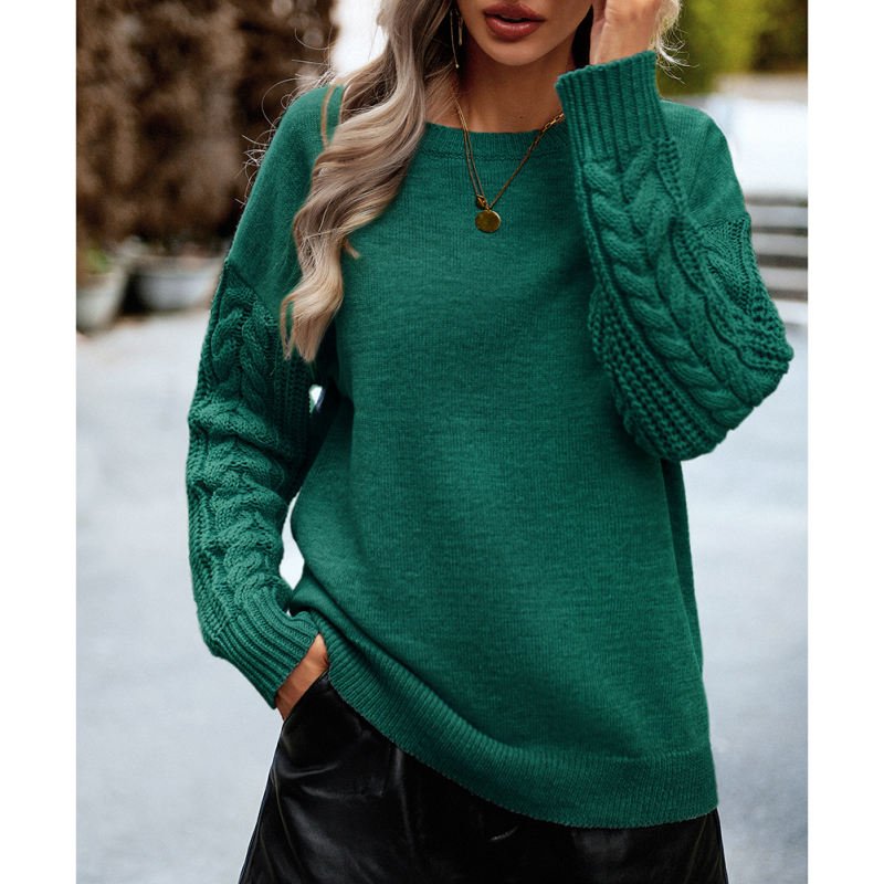 Green Round Neck Drop Shoulder Knit Sweater