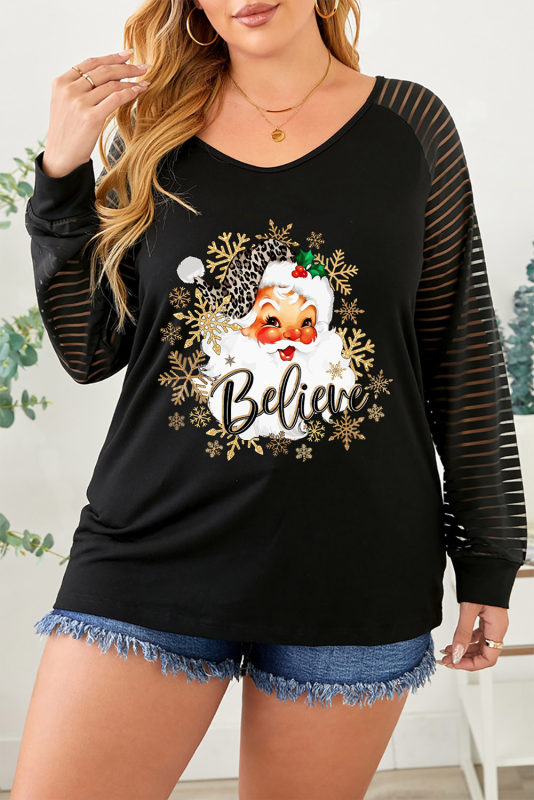 Black Plus Size Santa Claus Graphic Sheer Striped Sleeve Top
