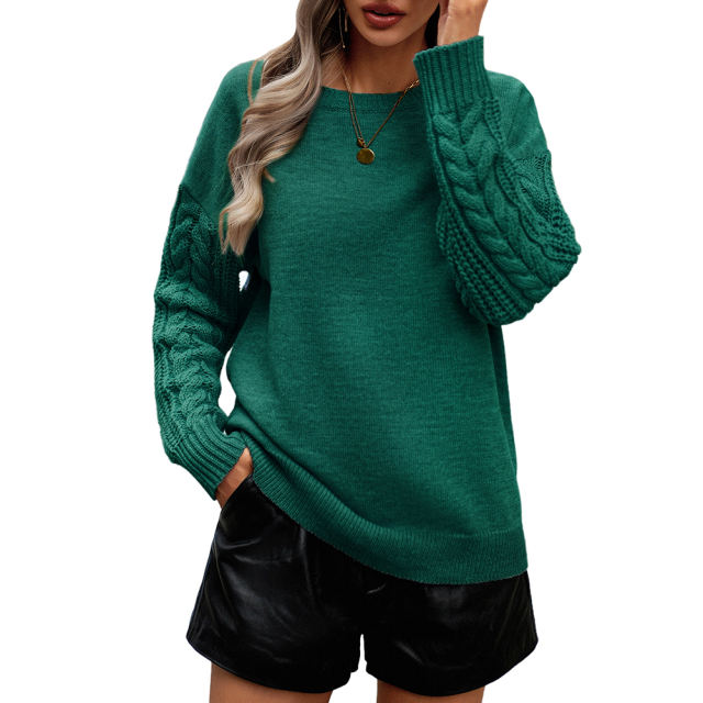 Green Round Neck Drop Shoulder Knit Sweater