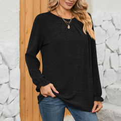 Black Pleated Round Neck Long Sleeve Tops