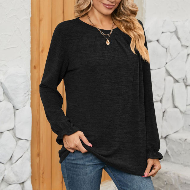 Black Pleated Round Neck Long Sleeve Tops