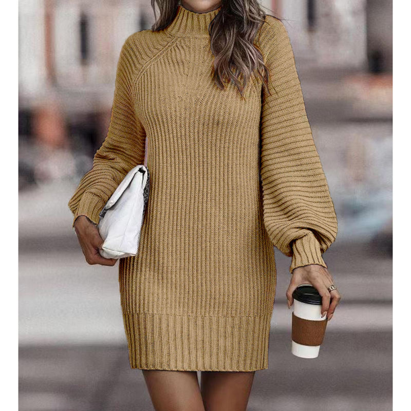 Khaki Turtleneck Knit Sweater Dress