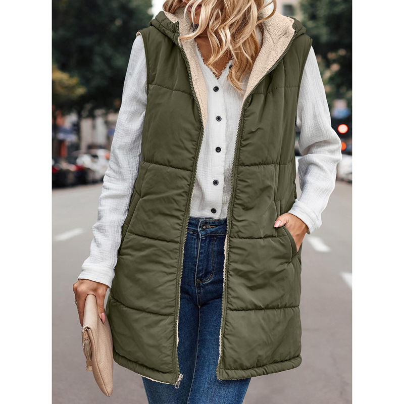 Army Green Full-zip Double-sided Hooded Vest Coat