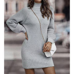 Grey Turtleneck Knit Sweater Dress