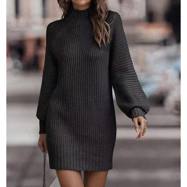 Black Turtleneck Knit Sweater Dress