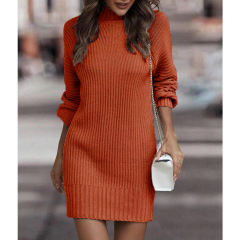 Orange Turtleneck Knit Sweater Dress