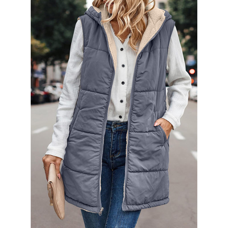 Bluish Grey Full-zip Double-sided Hooded Vest Coat