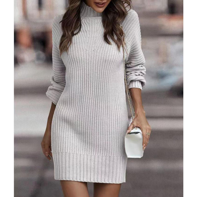White Turtleneck Knit Sweater Dress