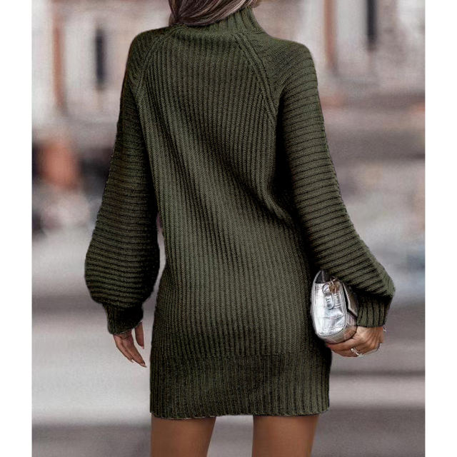 Dark Green Turtleneck Knit Sweater Dress