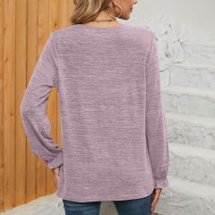 Light Purple Pleated Round Neck Long Sleeve Tops