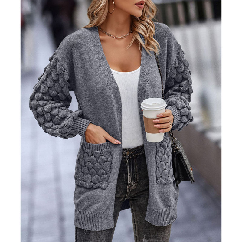 Grey Open Front Knit Cardigan with Pockets
