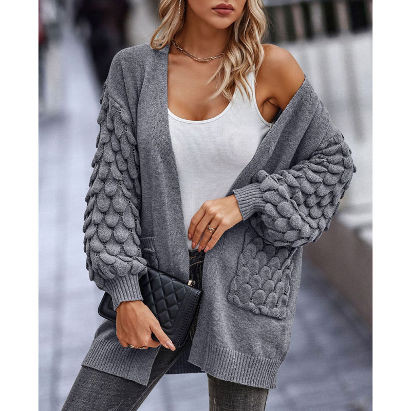 Grey Open Front Knit Cardigan with Pockets