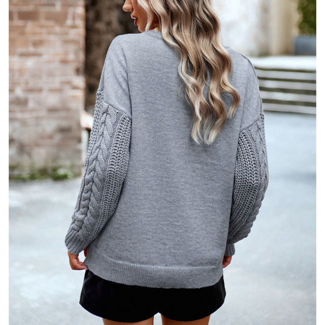 Grey Round Neck Drop Shoulder Knit Sweater