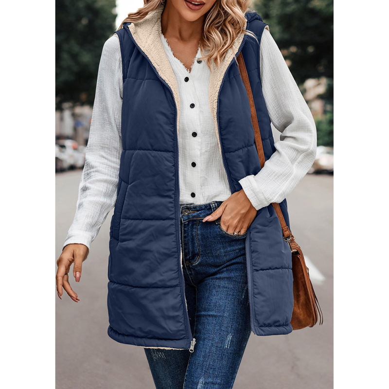 Navy Blue Full-zip Double-sided Hooded Vest Coat