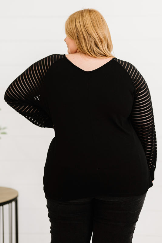 Black Plus Size Santa Claus Graphic Sheer Striped Sleeve Top