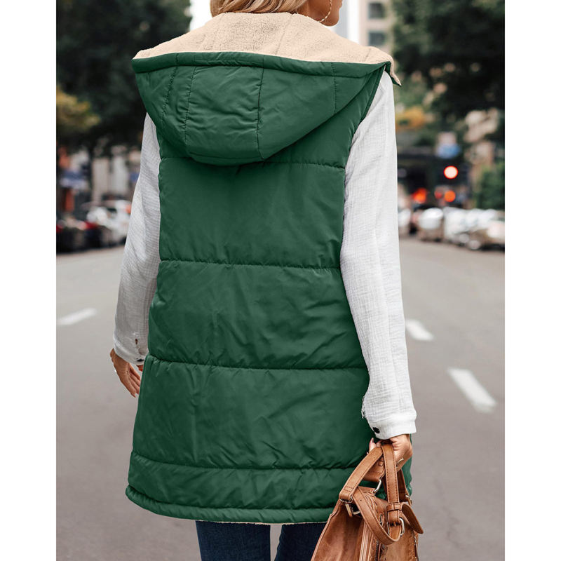 Green Full-zip Double-sided Hooded Vest Coat