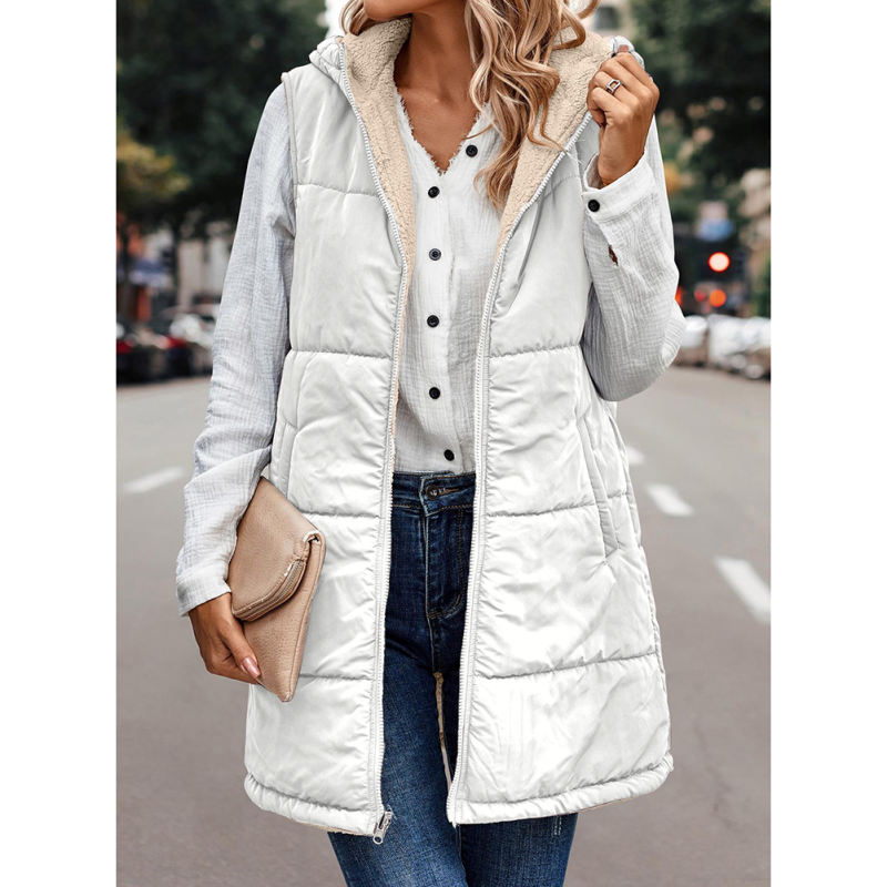 White Full-zip Double-sided Hooded Vest Coat