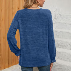 Blue Pleated Round Neck Long Sleeve Tops