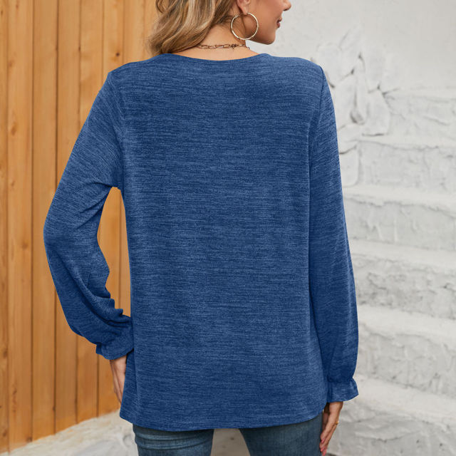 Blue Pleated Round Neck Long Sleeve Tops
