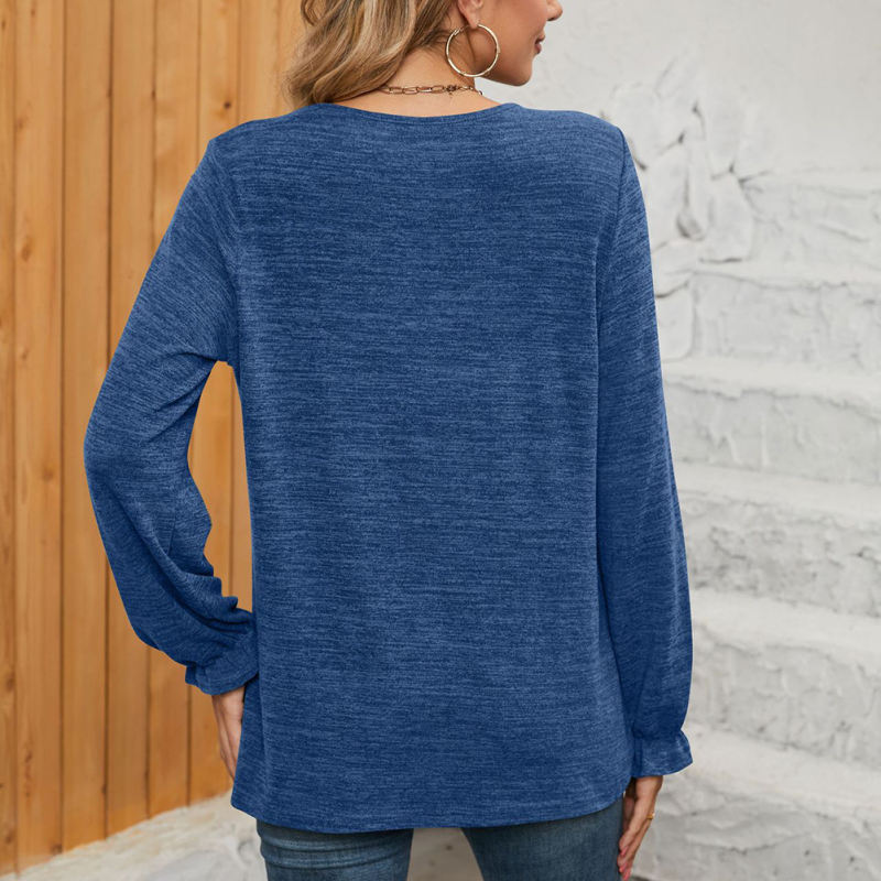 Blue Pleated Round Neck Long Sleeve Tops