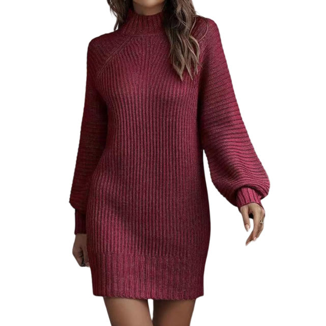 Wine Red Turtleneck Knit Sweater Dress