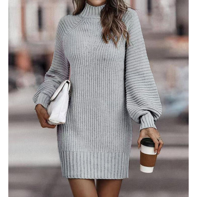 Grey Turtleneck Knit Sweater Dress