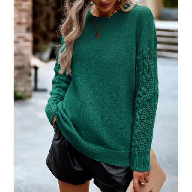 Green Round Neck Drop Shoulder Knit Sweater