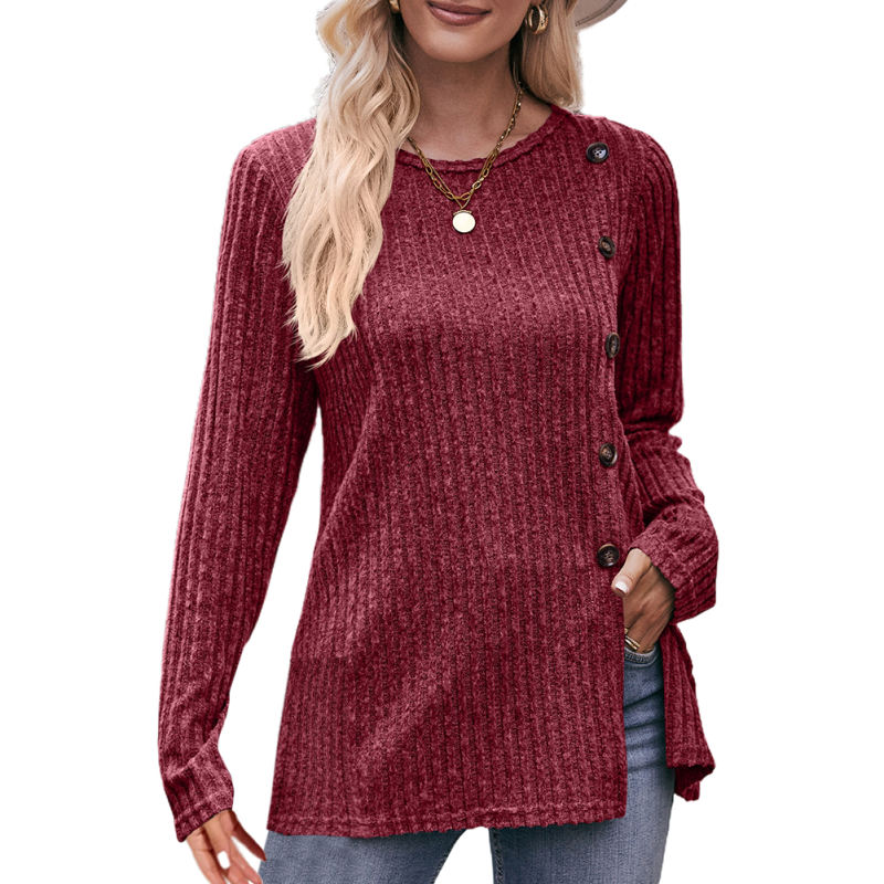 Wine Red Ribbed Button Split Long Sleeve Tops