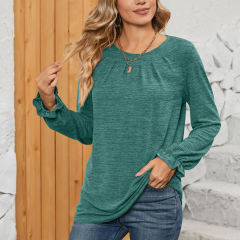 Green Pleated Round Neck Long Sleeve Tops