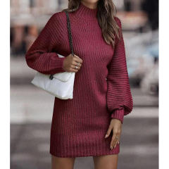 Wine Red Turtleneck Knit Sweater Dress